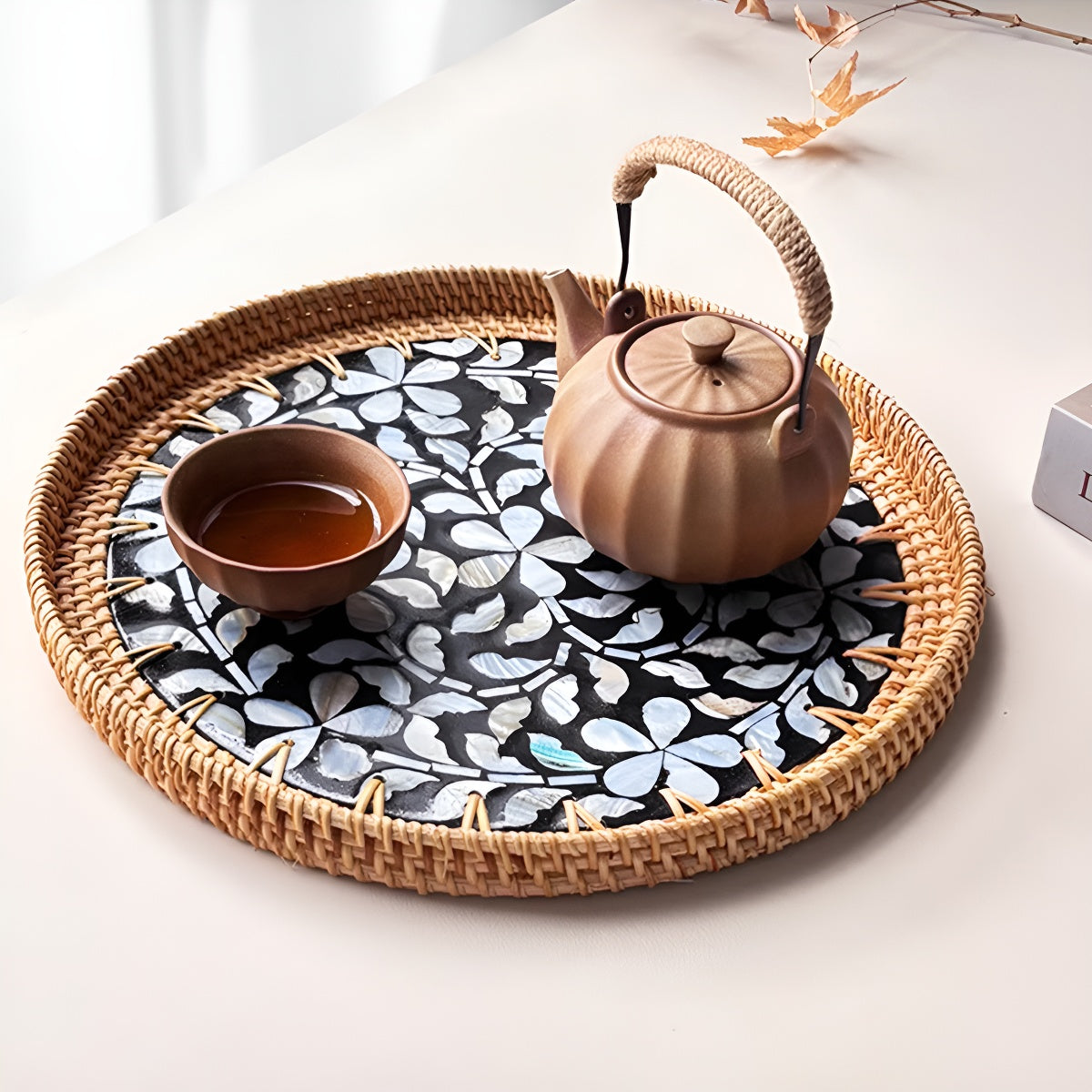 Large Handcrafted Woven Rattan Round Serving Tray with Shell Mosaic Inlay