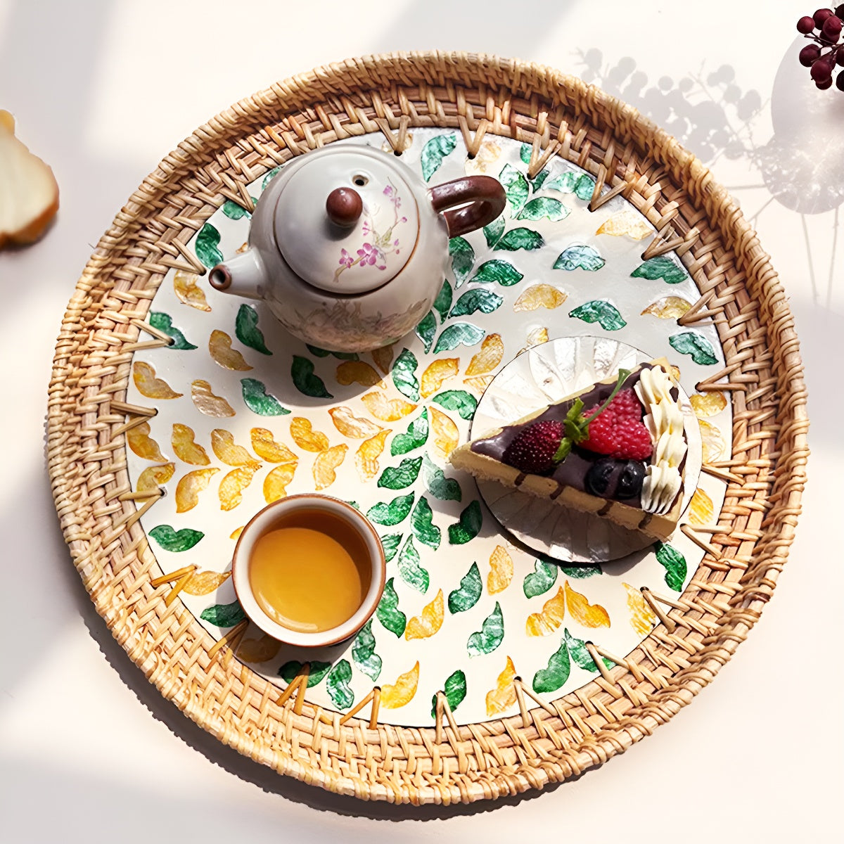 Large Handcrafted Woven Rattan Round Serving Tray with Shell Mosaic Inlay