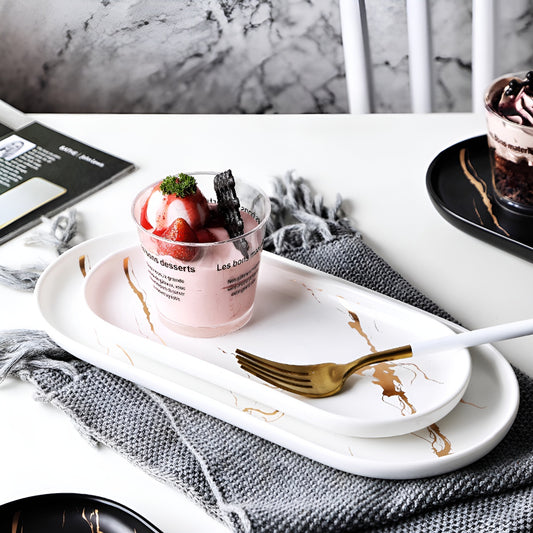 Matte Marble Pattern Ceramic Organize Tray with Gold Veins