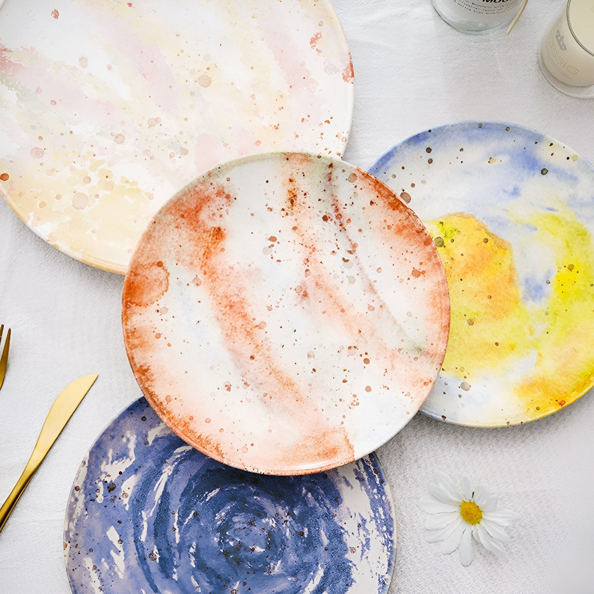 Handcrafted Watercolor Style Ceramic Round Plate
