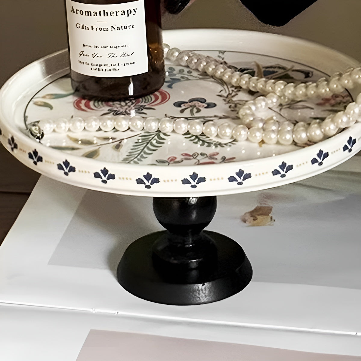 8 Inch Vintage Botanical Ceramic Pedestal Tray