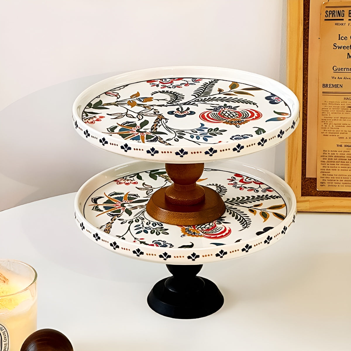8 Inch Vintage Botanical Ceramic Pedestal Tray