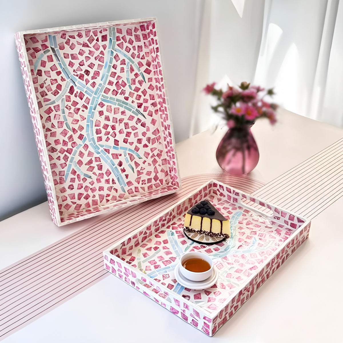 Rosy Glow Mother of Pearl Mosaic Rectangle Serving Tray