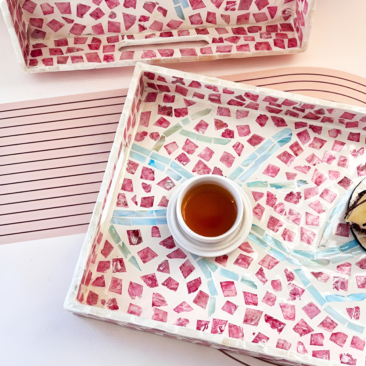 Rosy Glow Mother of Pearl Mosaic Rectangle Serving Tray