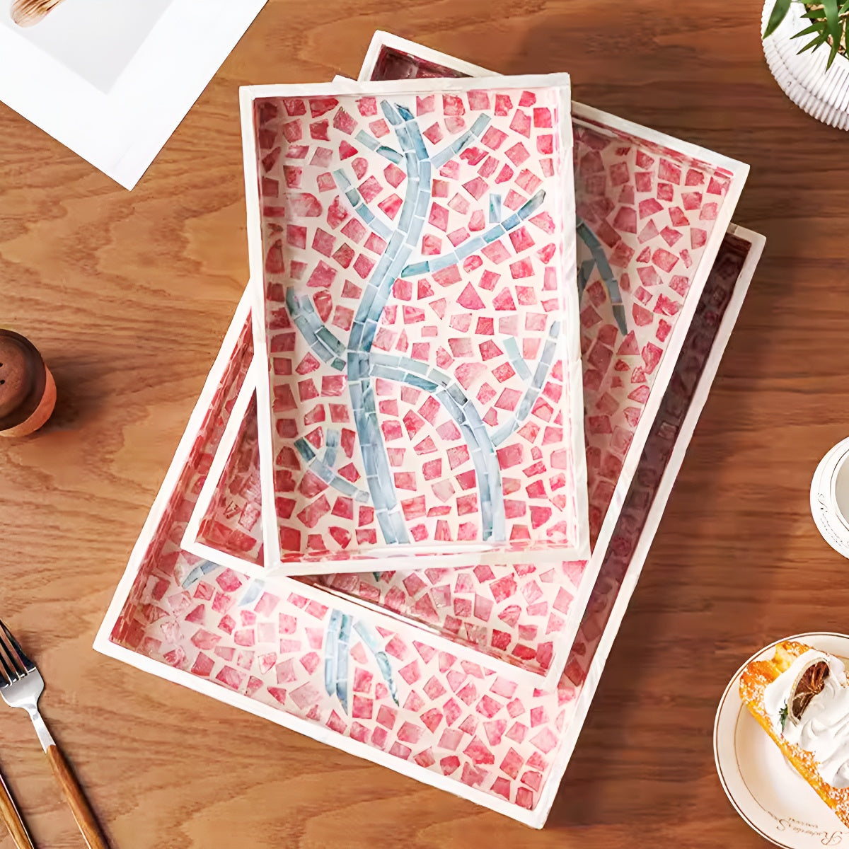 Rosy Glow Mother of Pearl Mosaic Rectangle Serving Tray