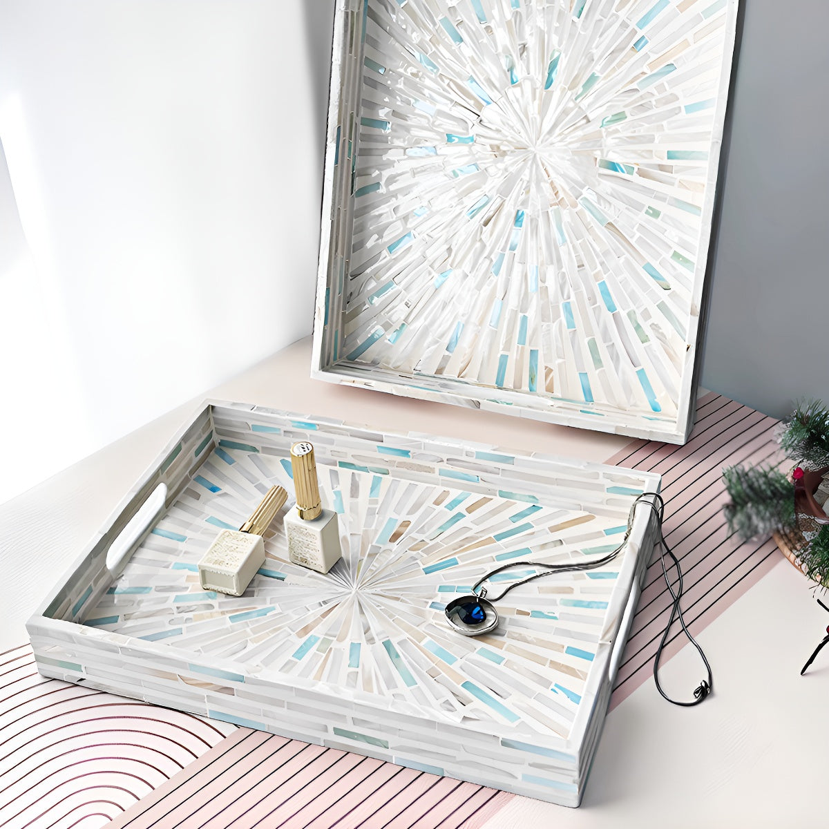 Blue & White Mother of Pearl Radiance Rectangle Serving Tray