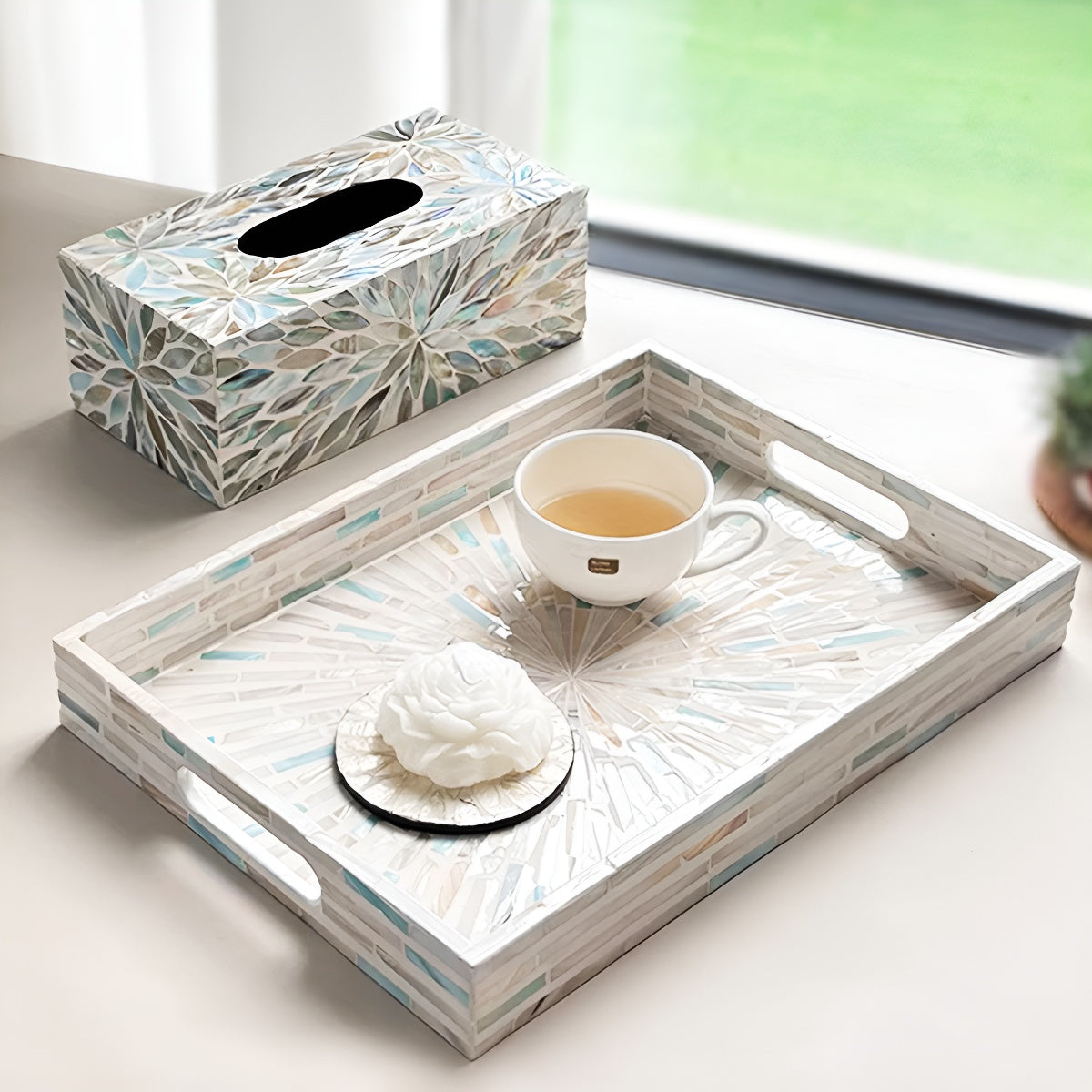 Blue & White Mother of Pearl Radiance Rectangle Serving Tray