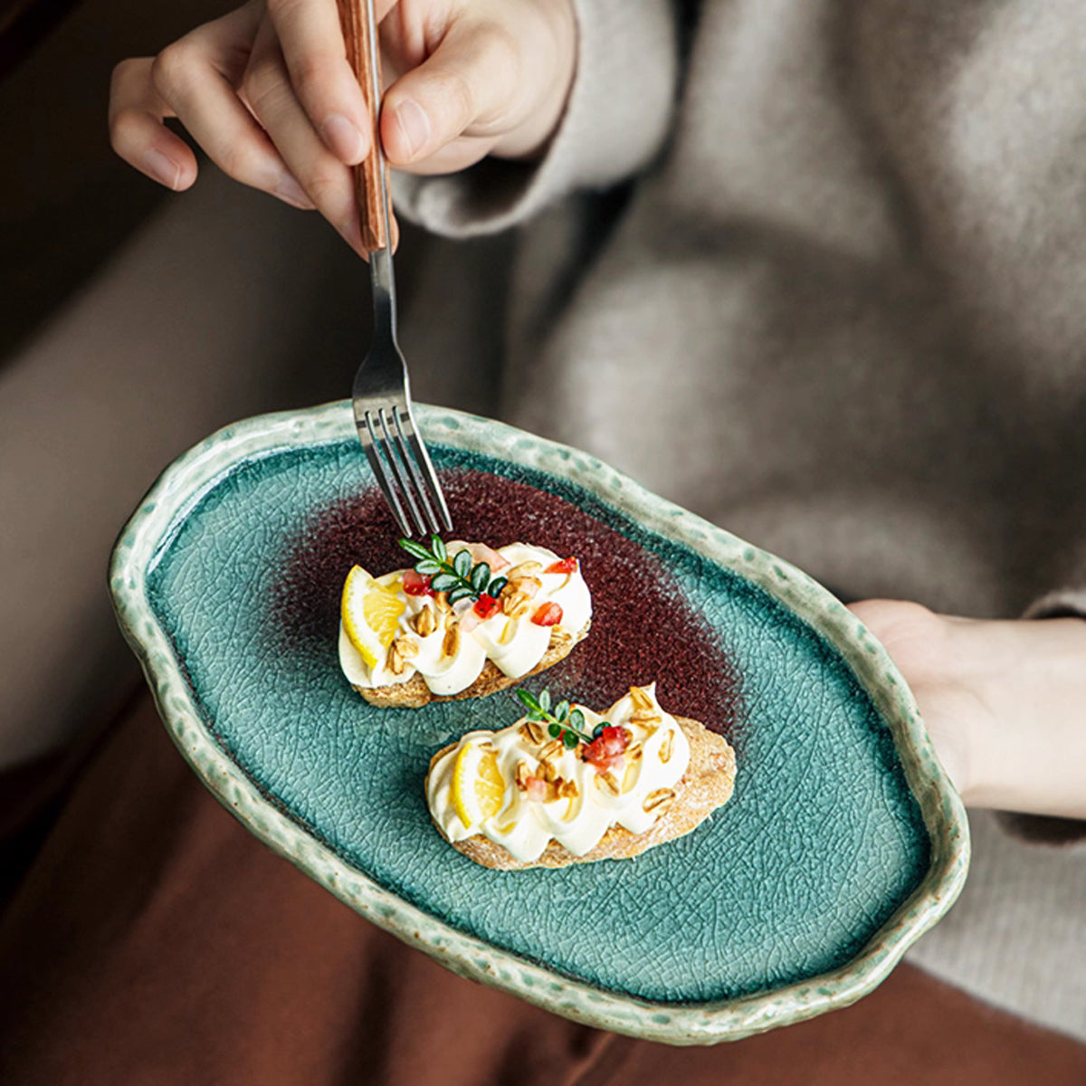 Turquoise Glacier Glazed Ripple Ceramic Shallow Tray