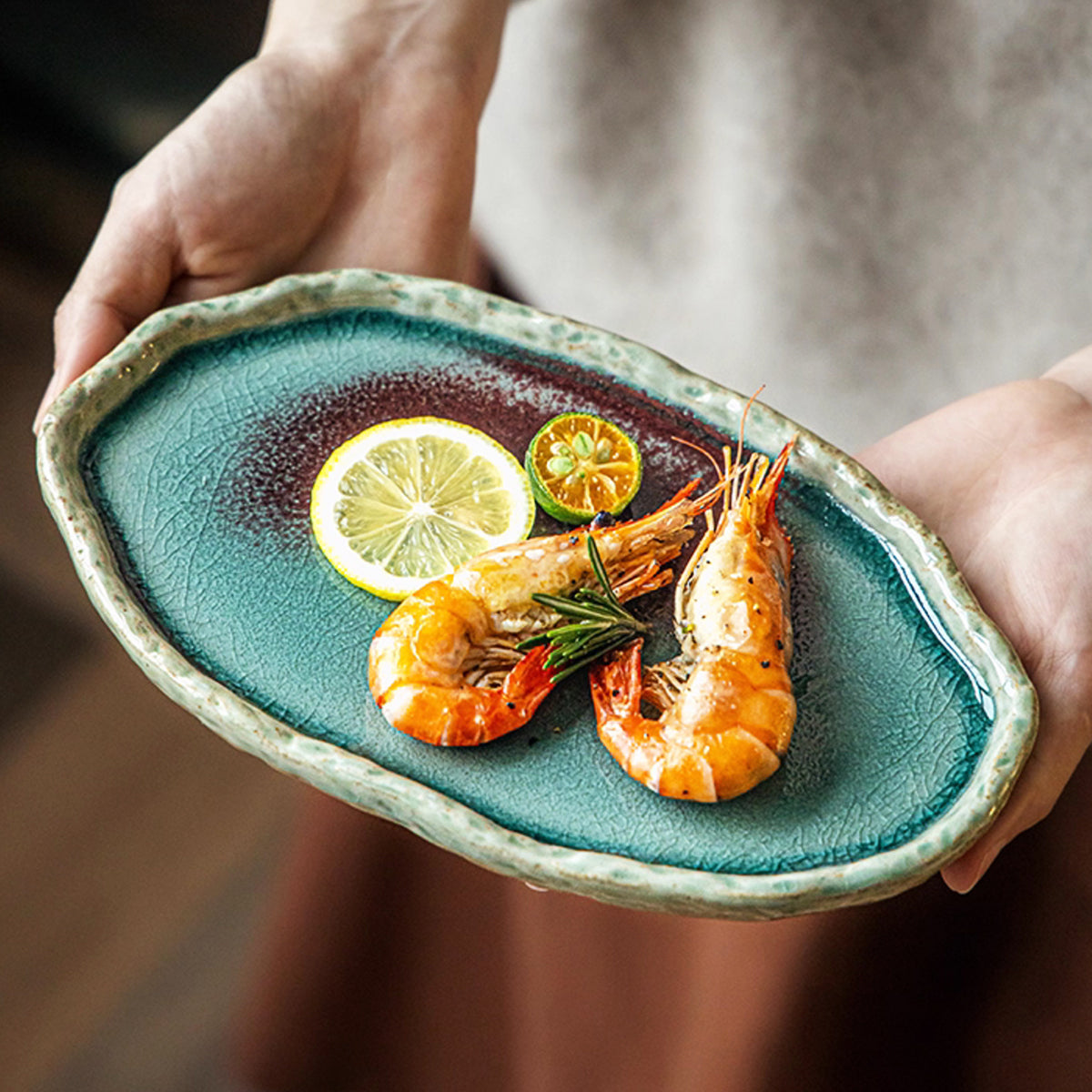 Turquoise Glacier Glazed Ripple Ceramic Shallow Tray