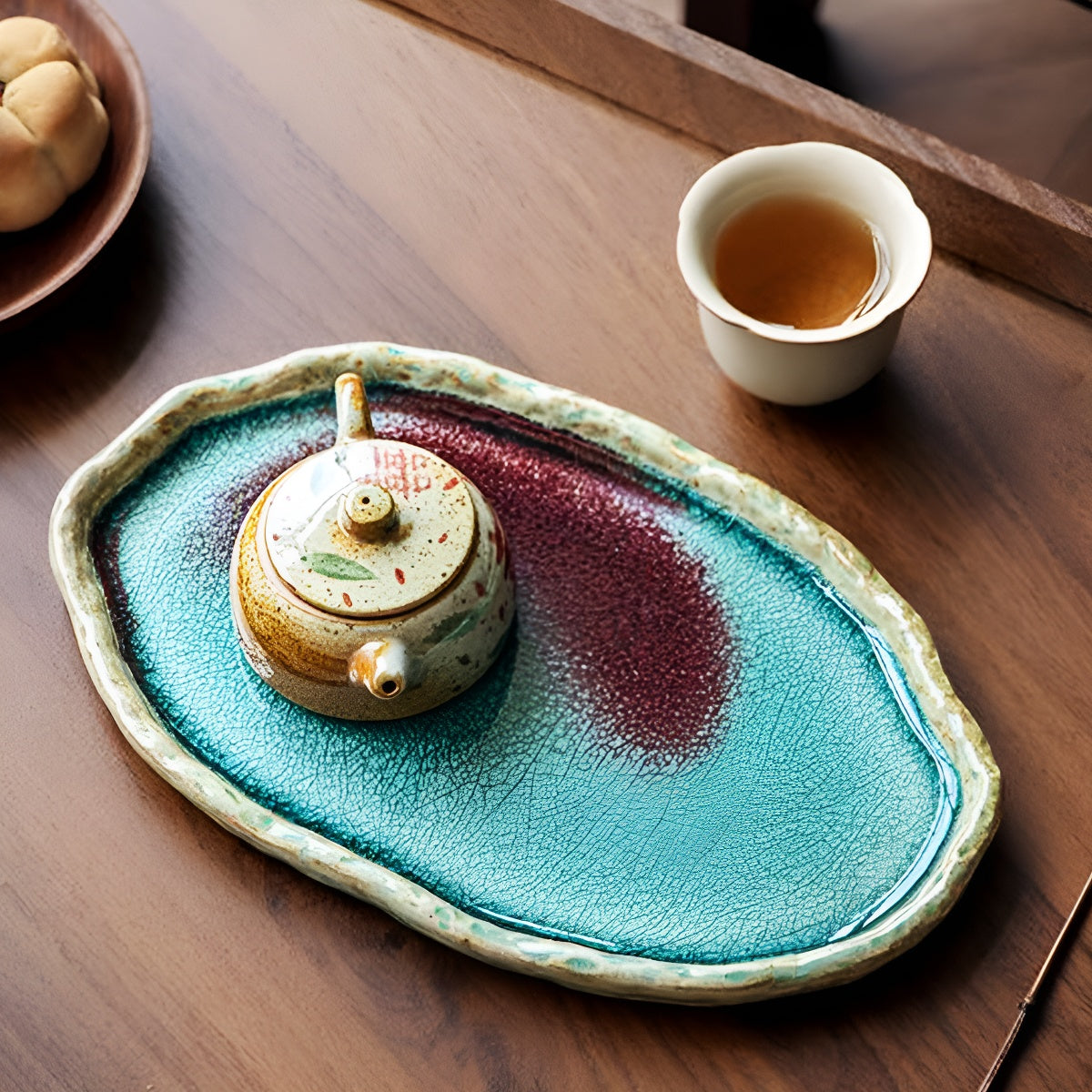 Turquoise Glacier Glazed Ripple Ceramic Shallow Tray