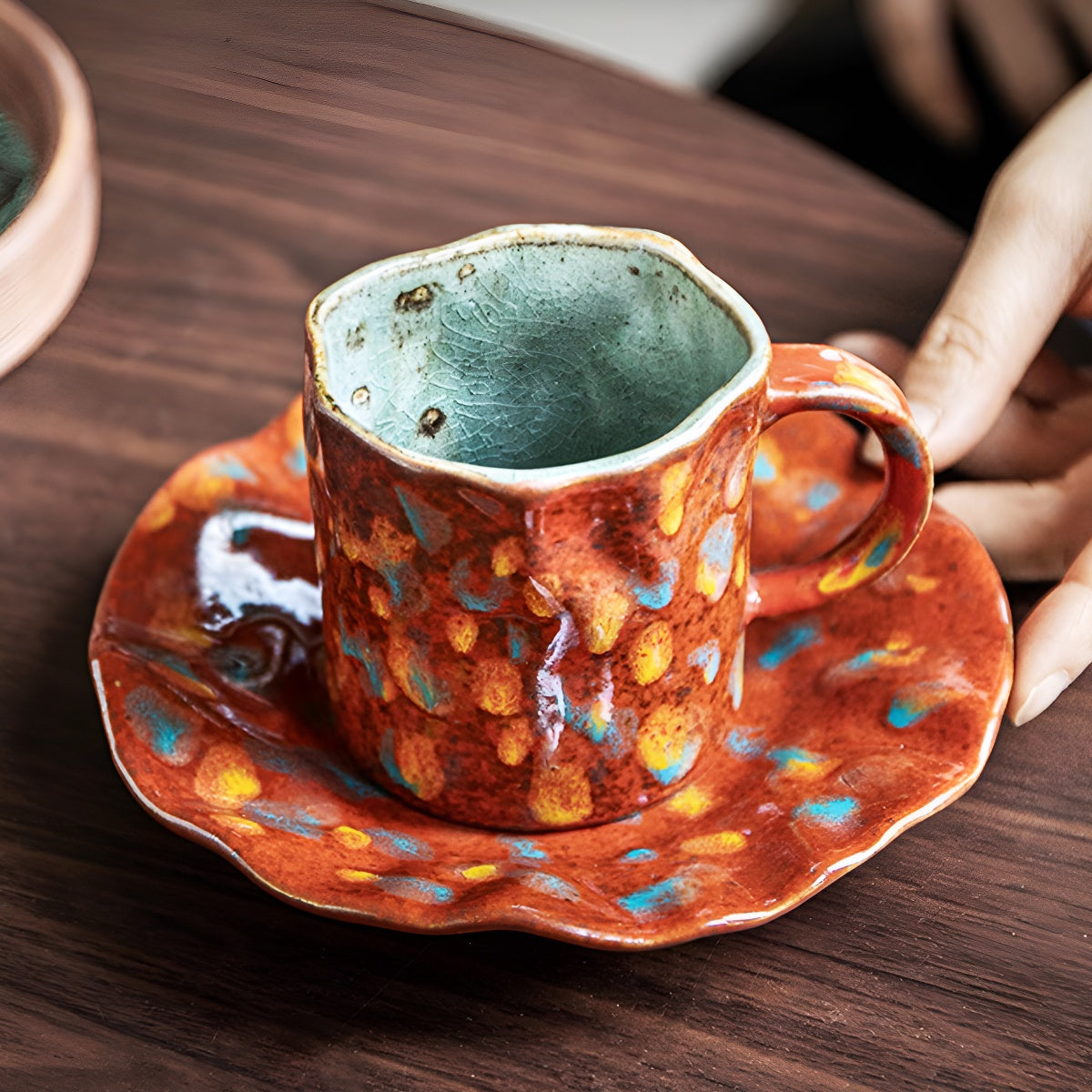 Red Rustic Painted Ceramic Coffee Cup & Ruffled Saucer Set