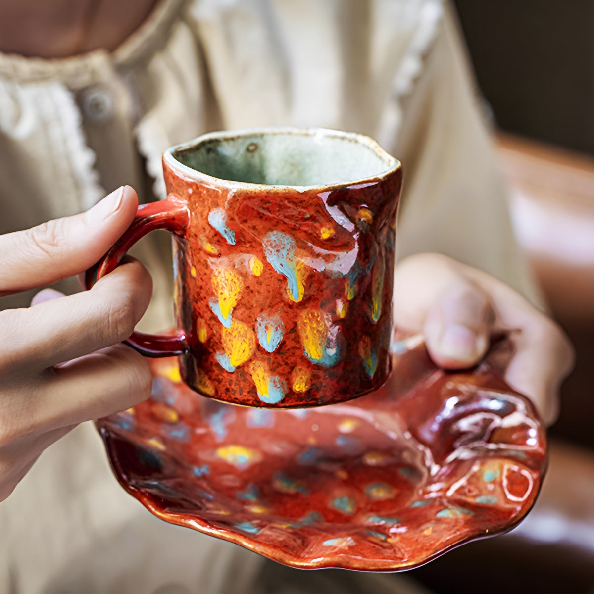Red Rustic Painted Ceramic Coffee Cup & Ruffled Saucer Set