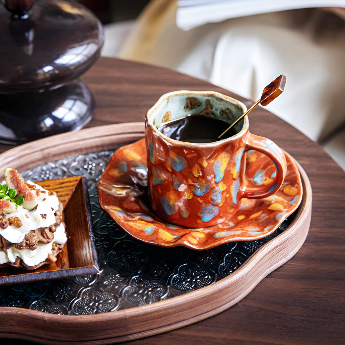 Red Rustic Painted Ceramic Coffee Cup & Ruffled Saucer Set