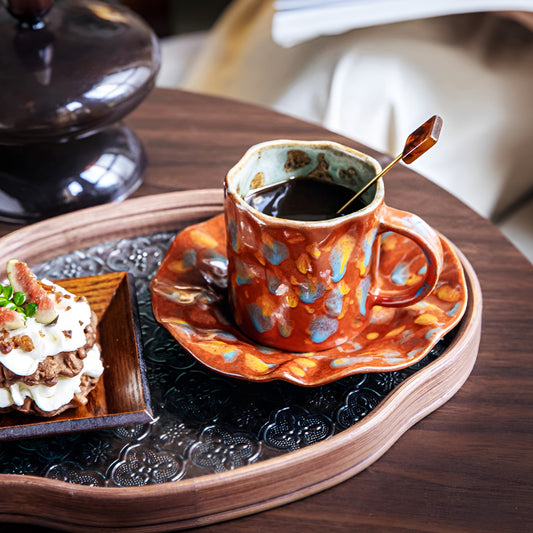 Red Rustic Painted Ceramic Coffee Cup & Ruffled Saucer Set