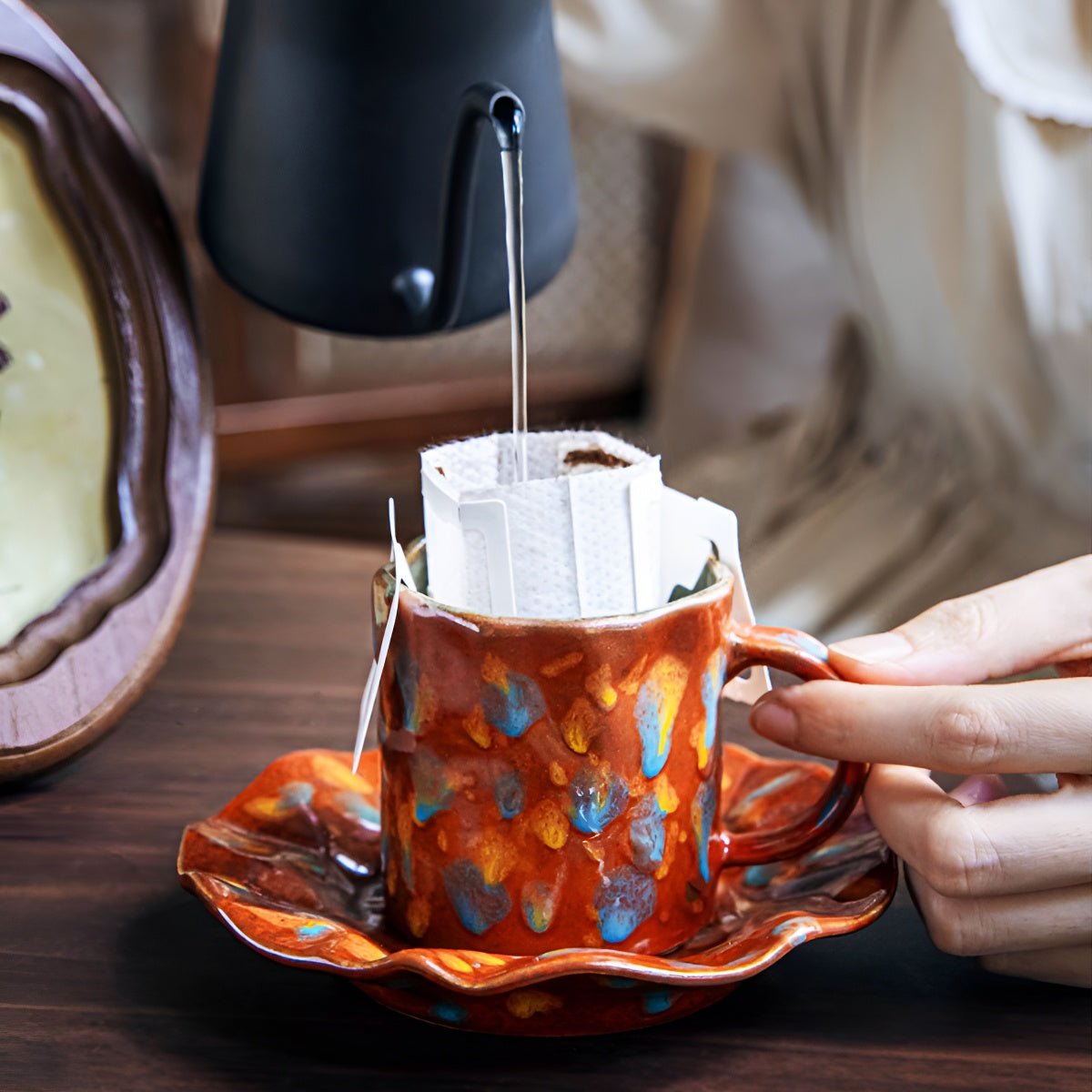 Red Rustic Painted Ceramic Coffee Cup & Ruffled Saucer Set