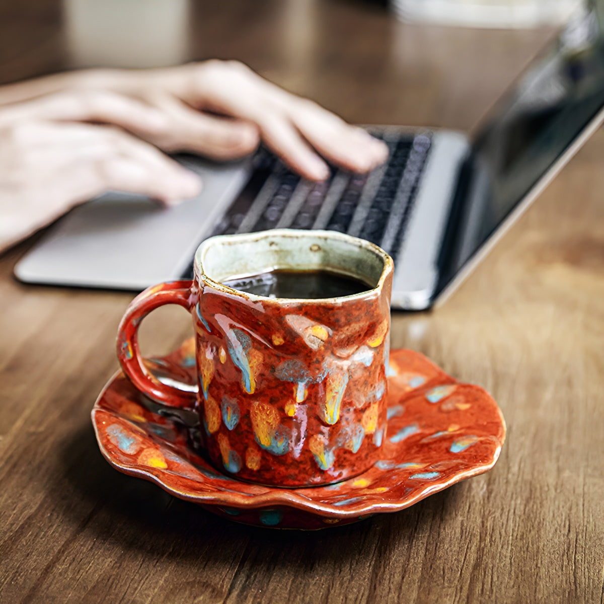 Red Rustic Painted Ceramic Coffee Cup & Ruffled Saucer Set