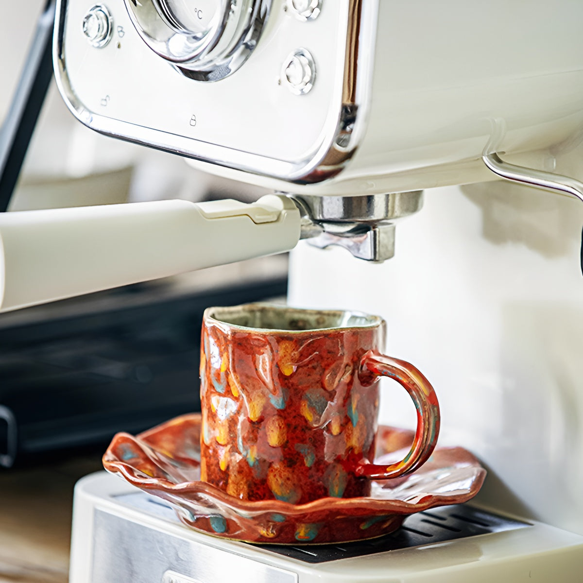 Red Rustic Painted Ceramic Coffee Cup & Ruffled Saucer Set