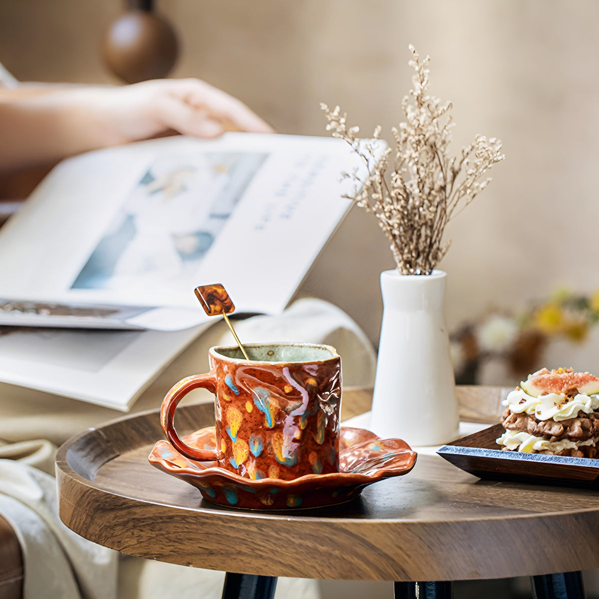 Red Rustic Painted Ceramic Coffee Cup & Ruffled Saucer Set