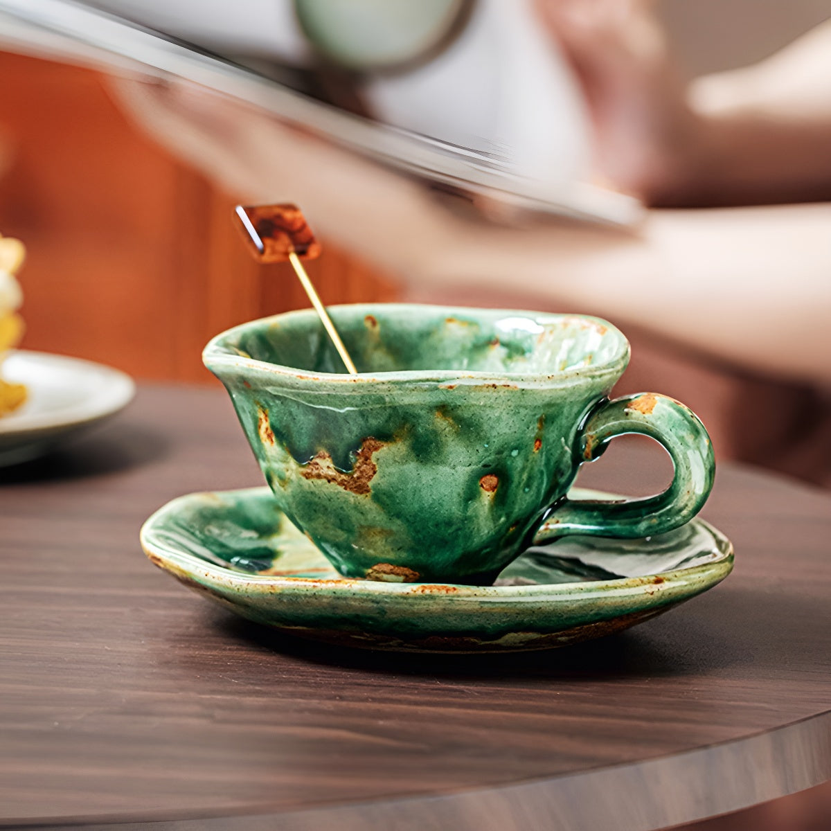 Vintage Emerald Rustic Glazed Coffee Cup & Saucer Set