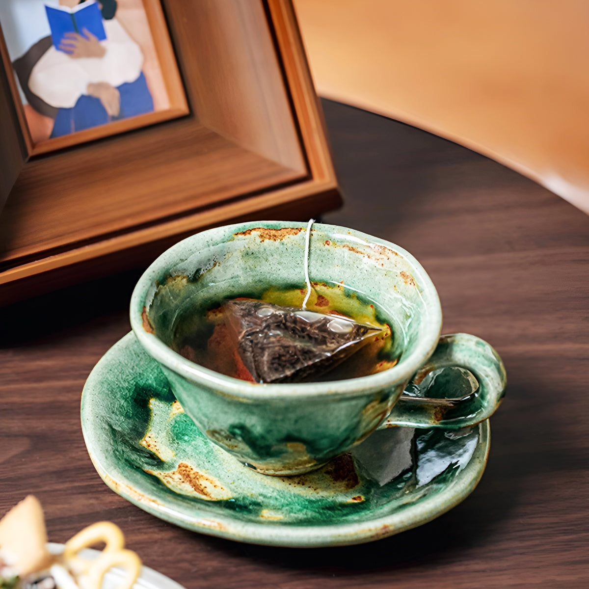 Vintage Emerald Rustic Glazed Coffee Cup & Saucer Set