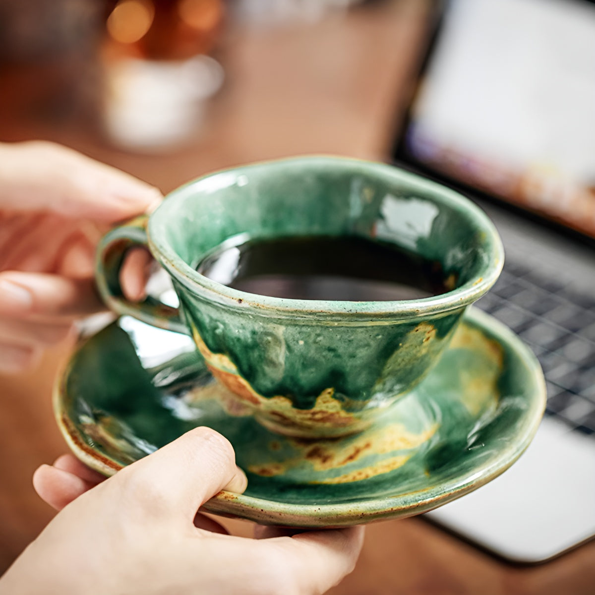Vintage Emerald Rustic Glazed Coffee Cup & Saucer Set