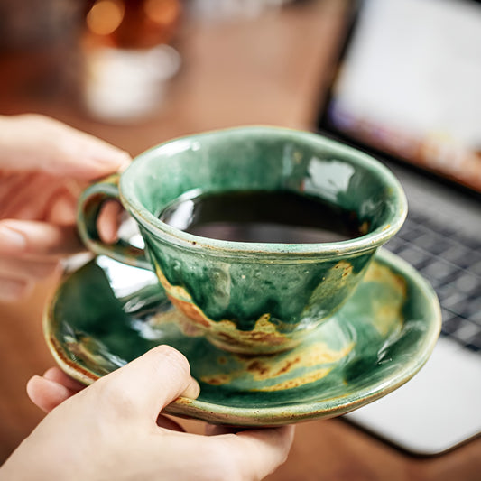 Vintage Emerald Rustic Glazed Coffee Cup & Saucer Set