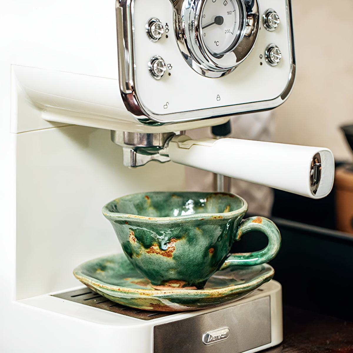 Vintage Emerald Rustic Glazed Coffee Cup & Saucer Set