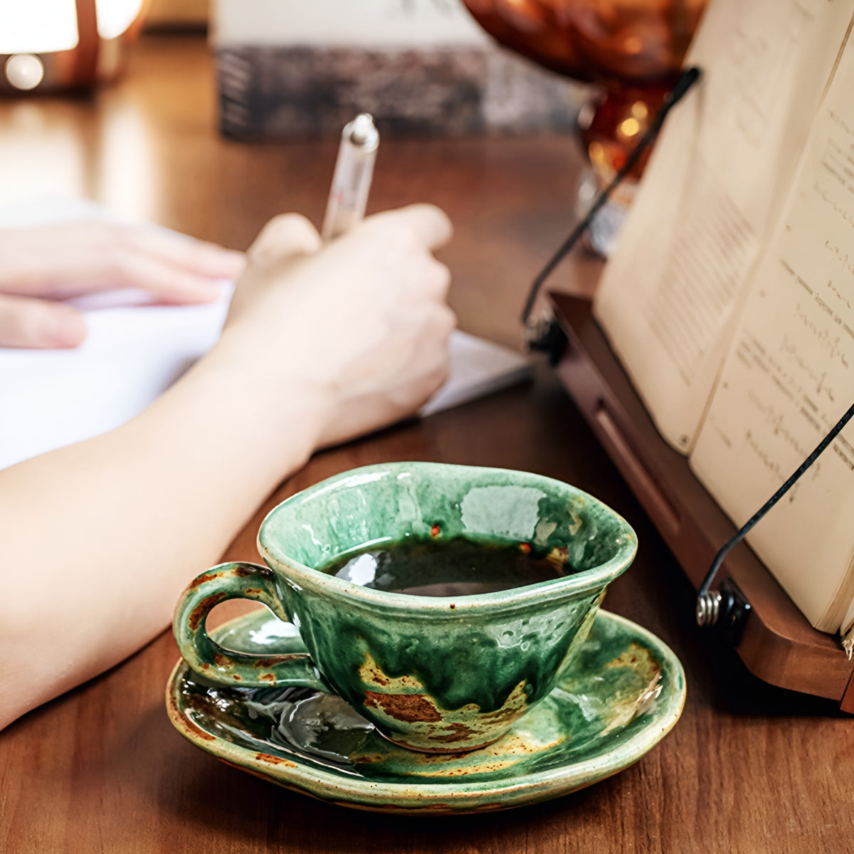 Vintage Emerald Rustic Glazed Coffee Cup & Saucer Set