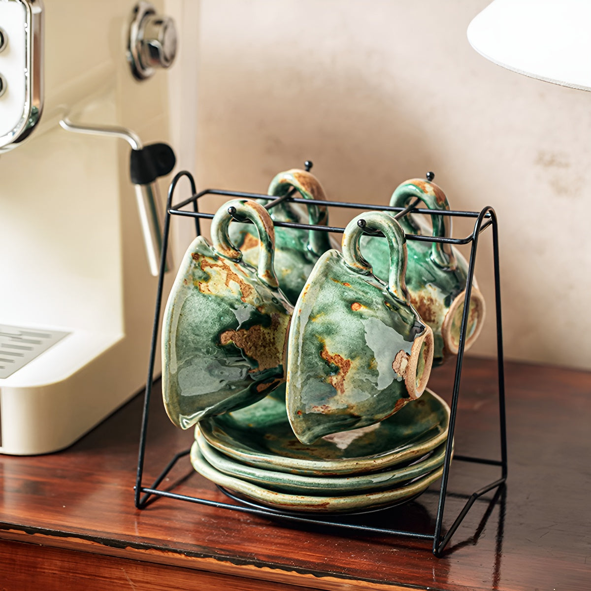 Vintage Emerald Rustic Glazed Coffee Cup & Saucer Set