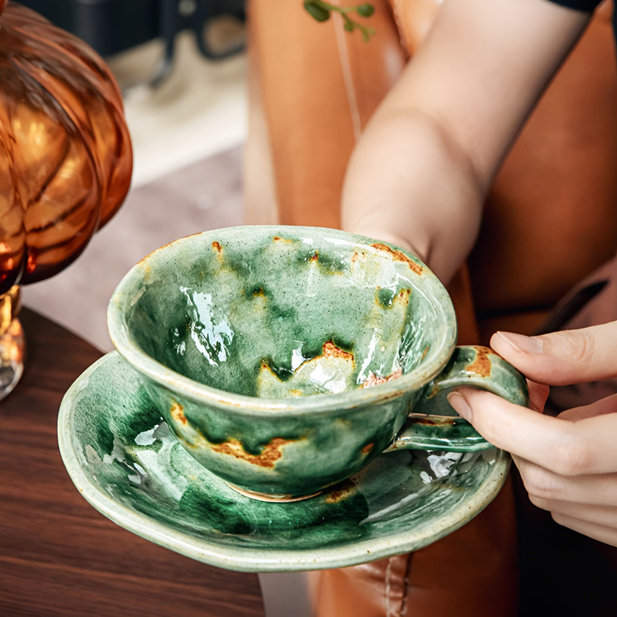 Vintage Emerald Rustic Glazed Coffee Cup & Saucer Set