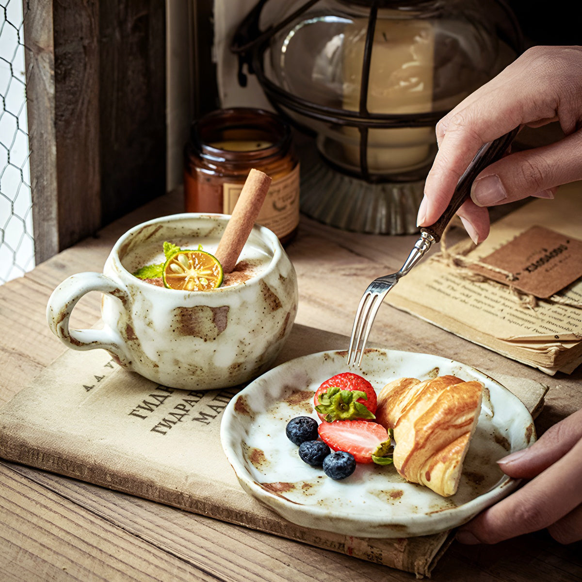 Handcrafted Rustic Glaze Speckled Ceramic Cup & Saucer Set