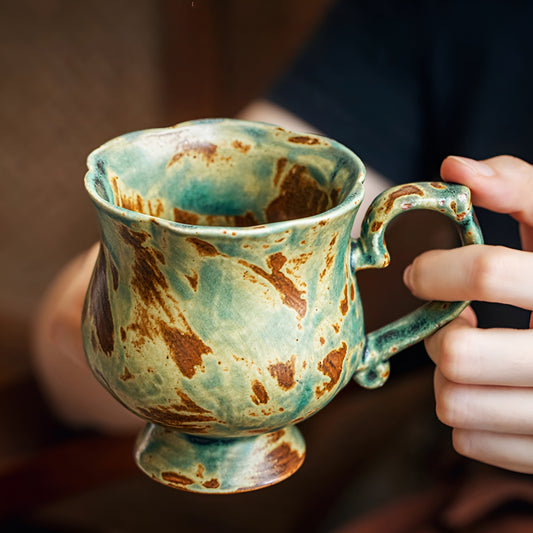Handcrafted Vintage Green Pedestal Flower Shape Ceramic Mug