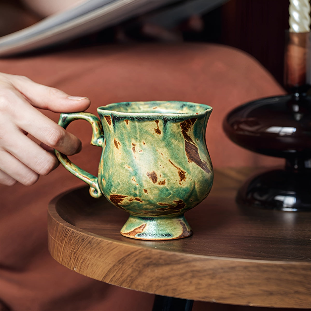 Handcrafted Vintage Green Pedestal Flower Shape Ceramic Mug