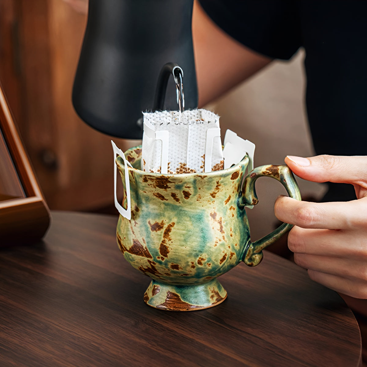 Handcrafted Vintage Green Pedestal Flower Shape Ceramic Mug