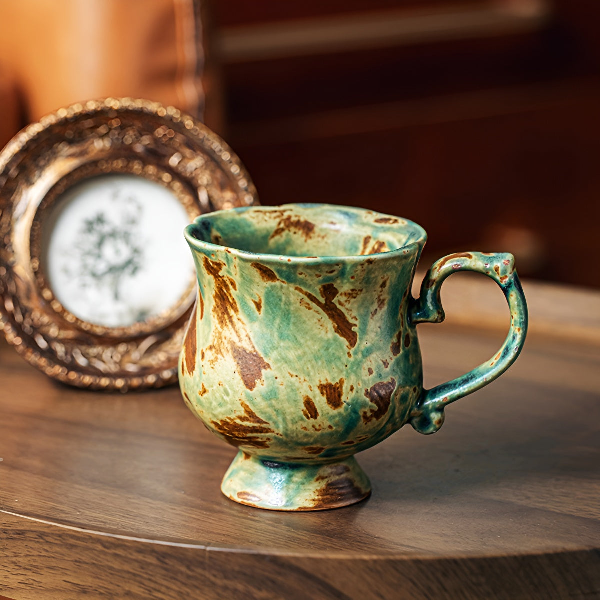 Handcrafted Vintage Green Pedestal Flower Shape Ceramic Mug