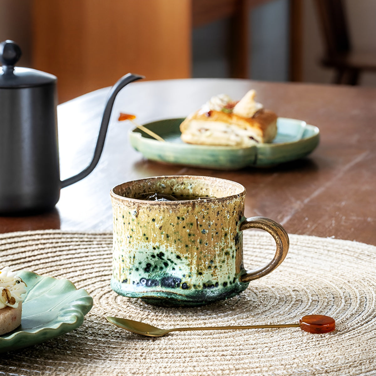 Handcrafted Distressed Texture Glaze Mug with Handpainted Green Rust Marks