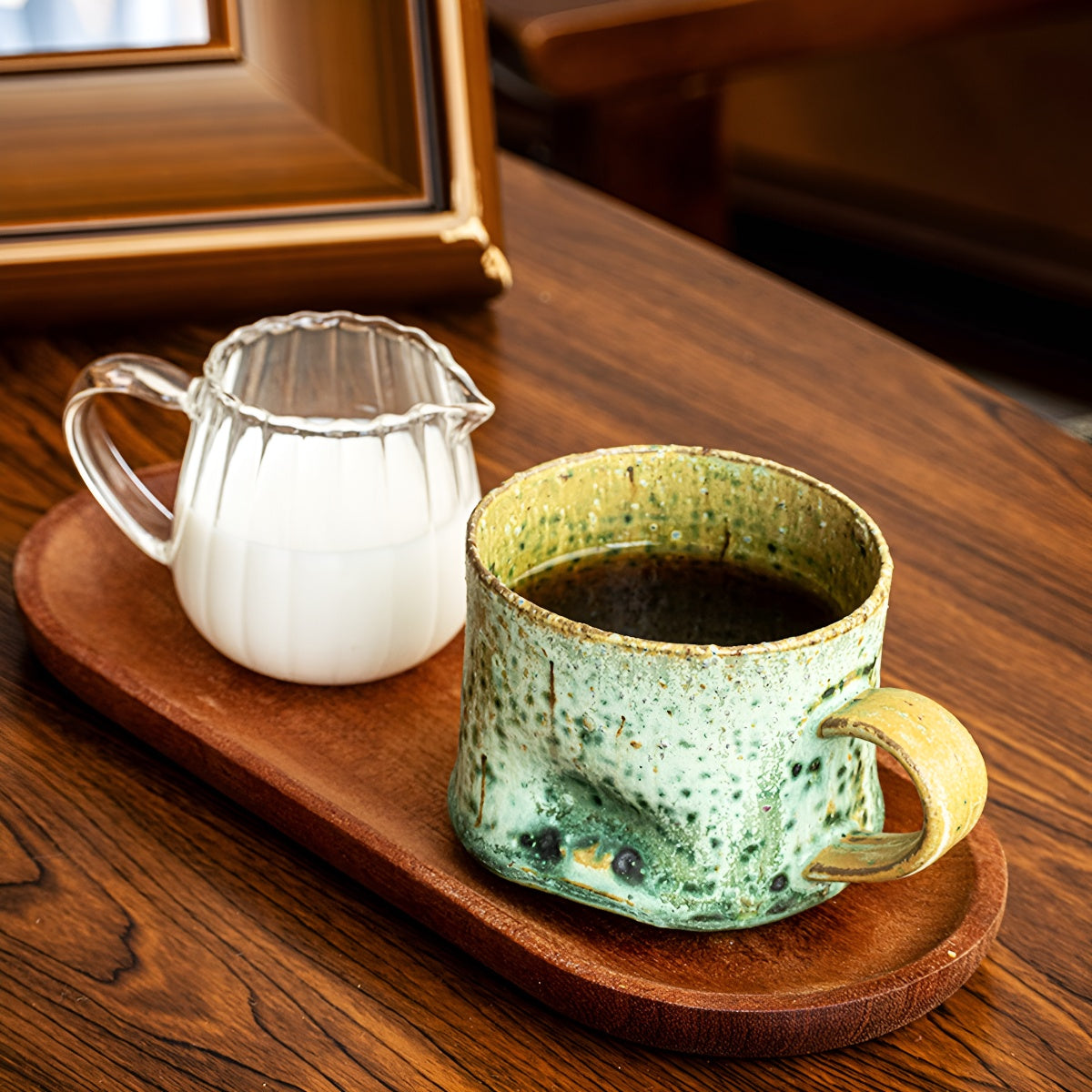 Handcrafted Distressed Texture Glaze Mug with Handpainted Green Rust Marks