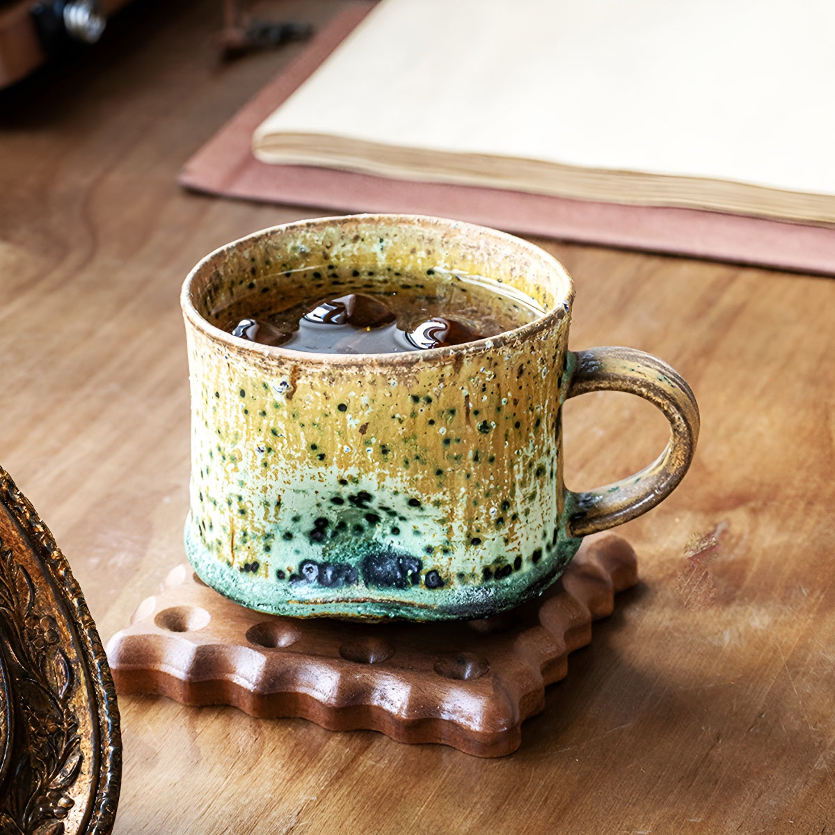 Handcrafted Distressed Texture Glaze Mug with Handpainted Green Rust Marks