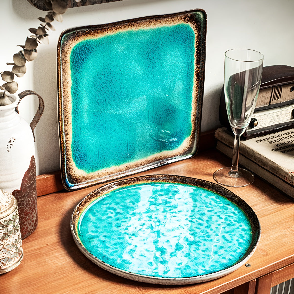 Sea-Blue Crackle Glaze Ceramic Shallow Round Plate