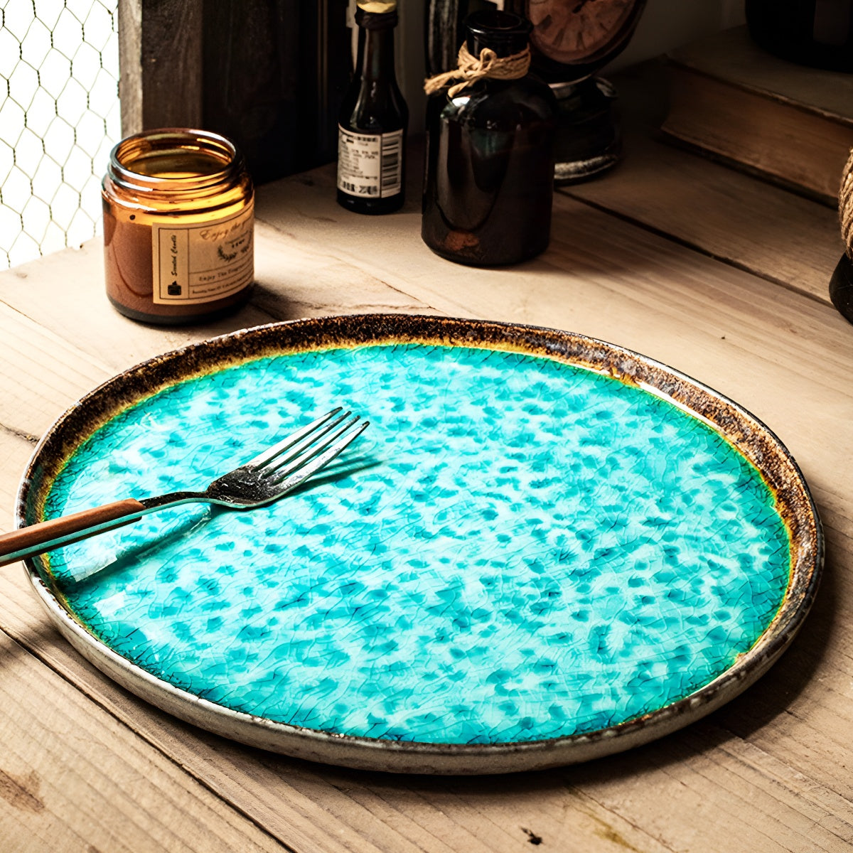 Sea-Blue Crackle Glaze Ceramic Shallow Round Plate
