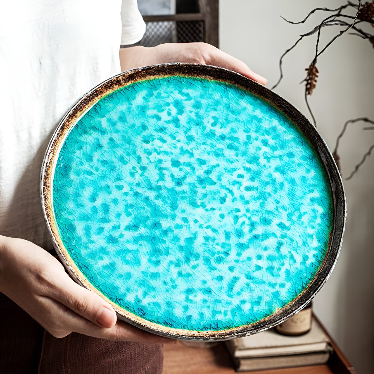 Sea-Blue Crackle Glaze Ceramic Shallow Round Plate