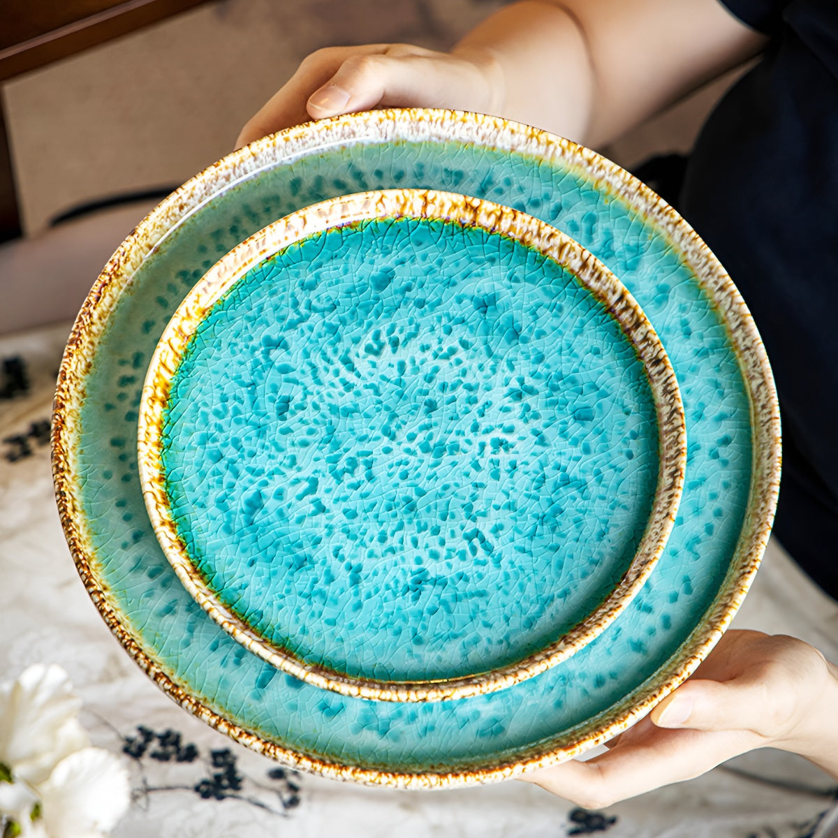Sea-Blue Crackle Glaze Ceramic Shallow Round Plate