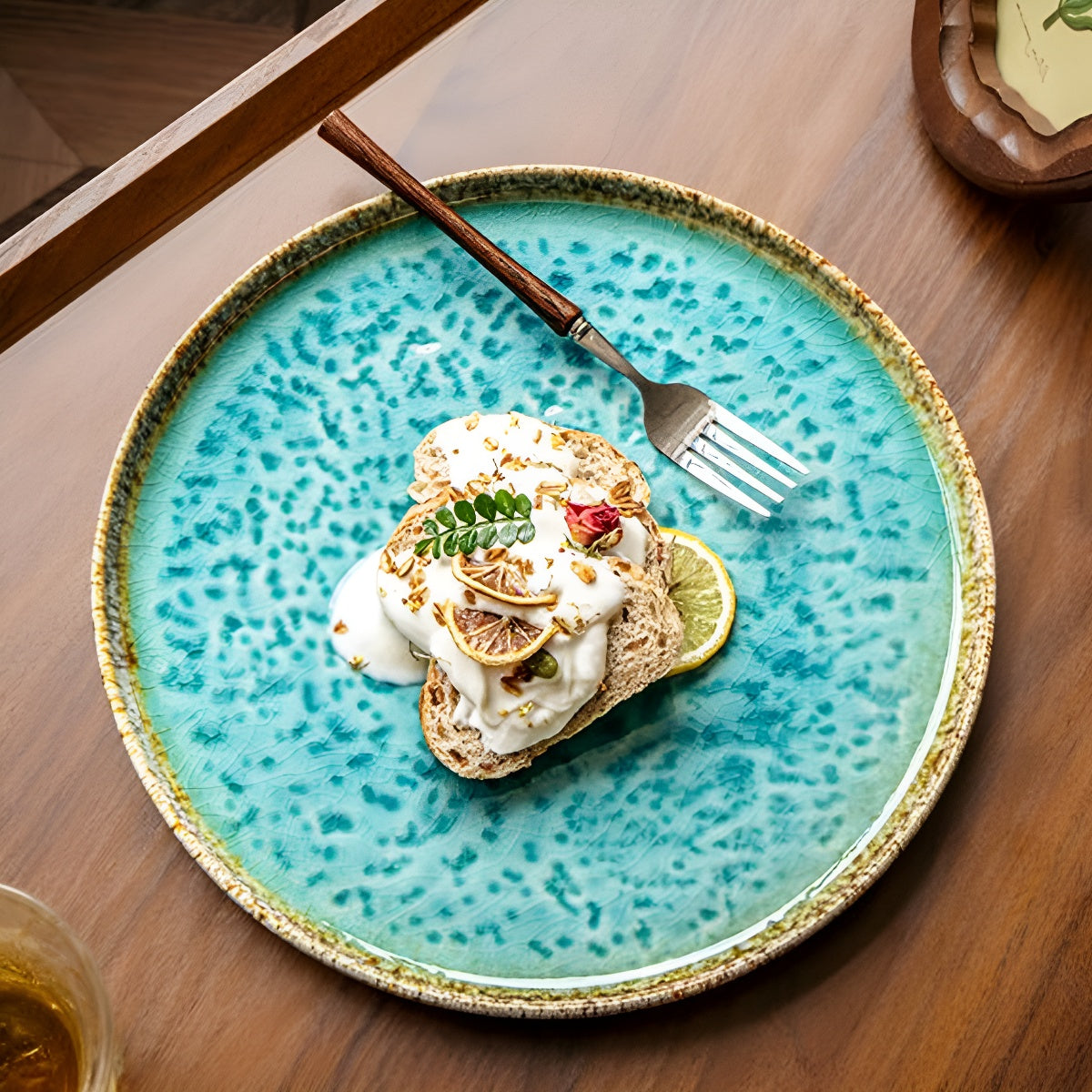 Sea-Blue Crackle Glaze Ceramic Shallow Round Plate
