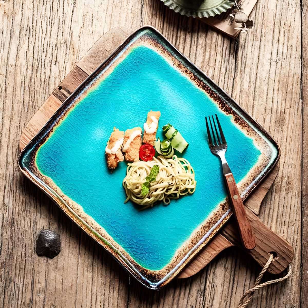 10.5 Inch Sea-Blue Crackle Glaze Square Ceramic Shallow Plate