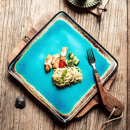 10.5 Inch Sea-Blue Crackle Glaze Square Ceramic Shallow Plate