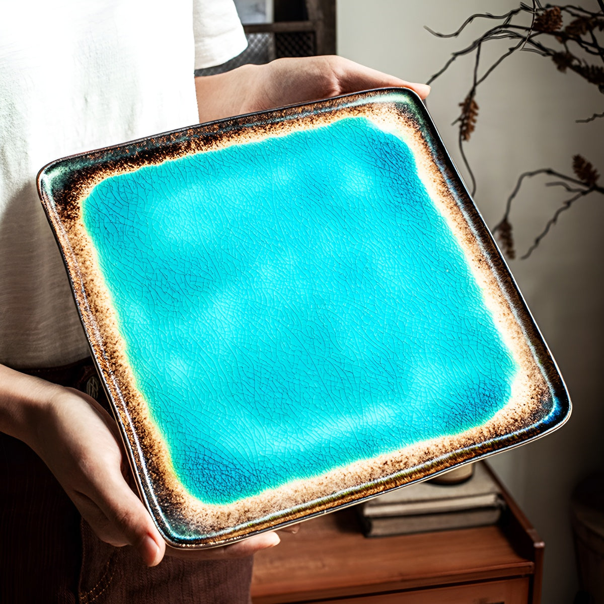 10.5 Inch Sea-Blue Crackle Glaze Square Ceramic Shallow Plate