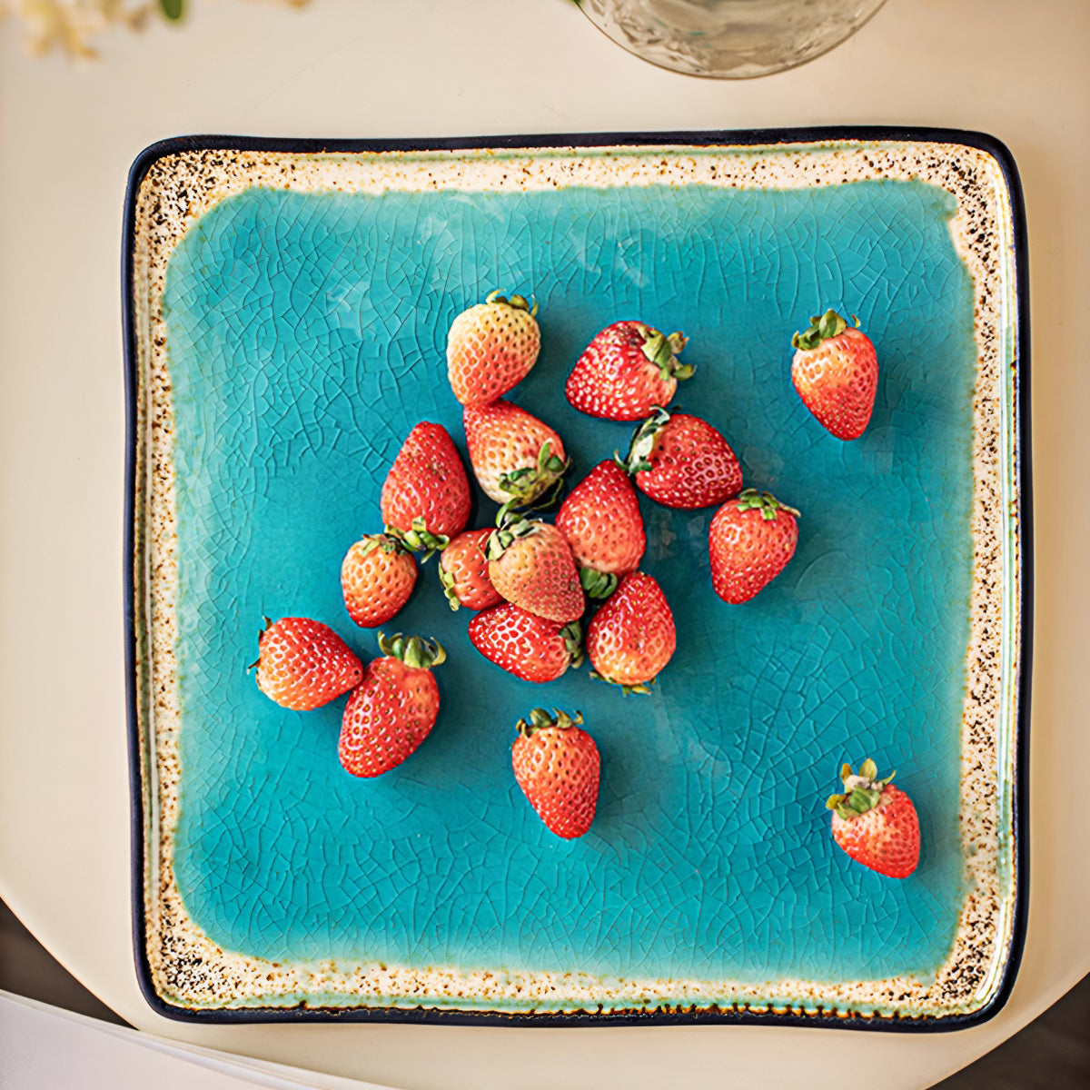 10.5 Inch Sea-Blue Crackle Glaze Square Ceramic Shallow Plate