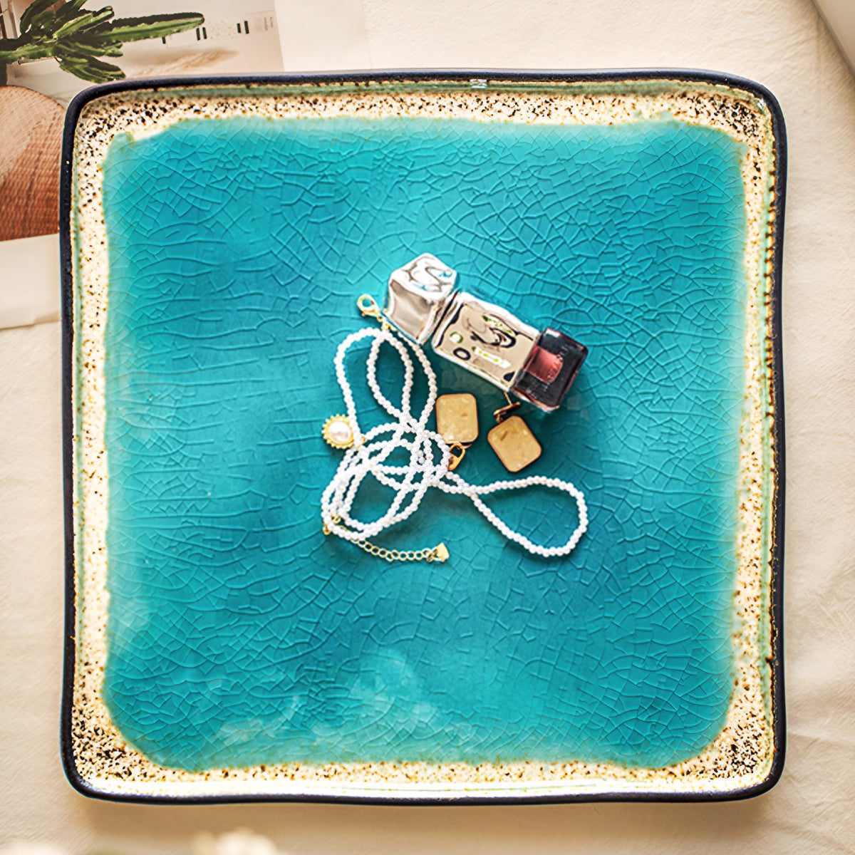 10.5 Inch Sea-Blue Crackle Glaze Square Ceramic Shallow Plate