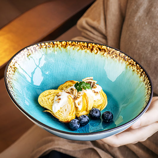 8 Inch Sea-Blue Crackle Glaze Water-Drop Ceramic Bowl