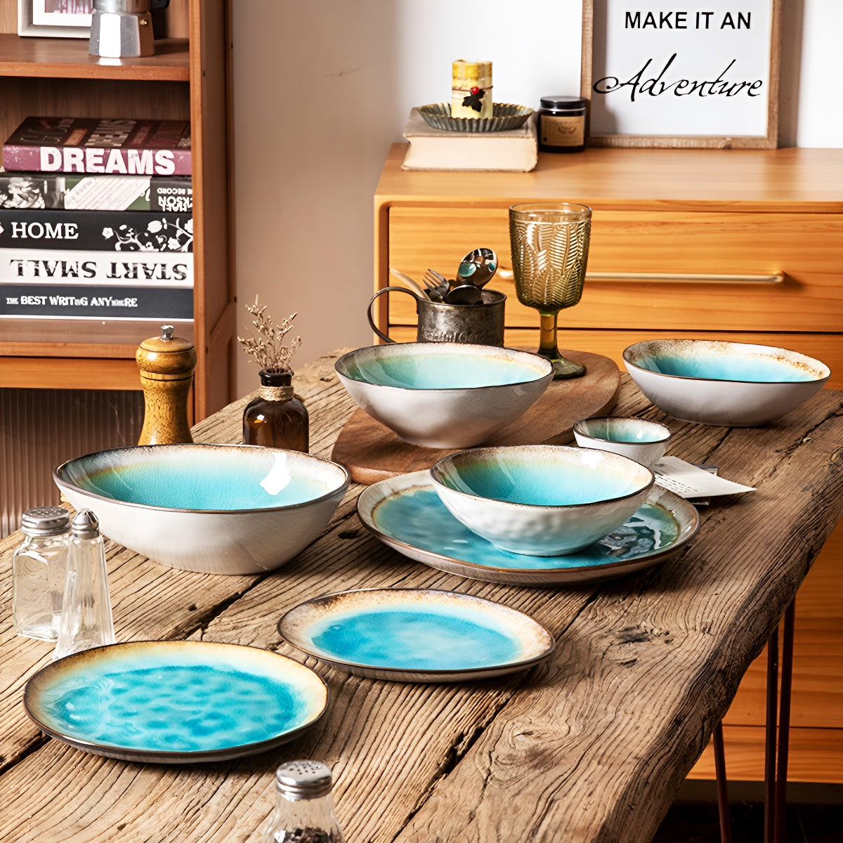 8 Inch Sea-Blue Crackle Glaze Water-Drop Ceramic Bowl